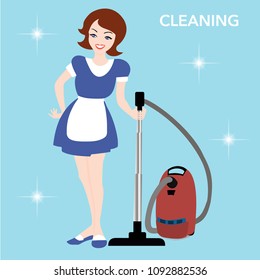 Women in uniform with a vacuum cleaner/ Get cleaning service. Vector illusstration