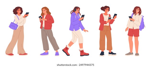 Women use cellphones. Girls holding smartphones, female characters texting, chatting or surfing internet flat vector illustration set. Young women with phones in hands