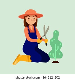 Women use gardening tool trimming bush modern vector illustration