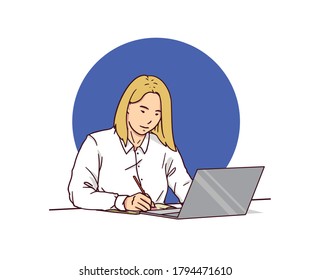 Las mujeres usan computadoras portátiles para diversas necesidades. Ilustraciones de diseño vectorial de estilo dibujado a mano.