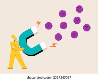 Women use magnets to attract negative thoughts. Negative thoughts. Colorful vector illustration
