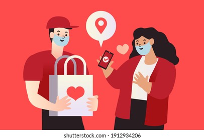 Women use a mask happy with shopping on smartphones. Shopping online in an online store on a website or mobile application. Delivery man carrying a shopping bag. Fast delivery to customers safely. 