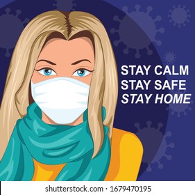 Women use masks and scarves to prevent corona - Help the medical worker handle Corona virus by staying at home. Stay home, keep calm, stay safe