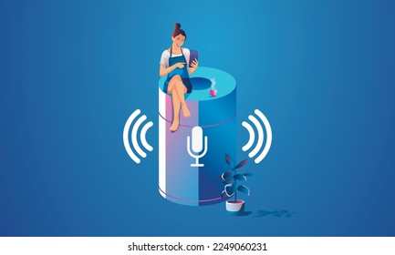 women use smart device recognizes voice commands and manages smart devices. 
Voice control of your smart home. Smart speaker controls the Internet of things in your house. Future concept, VECTOR