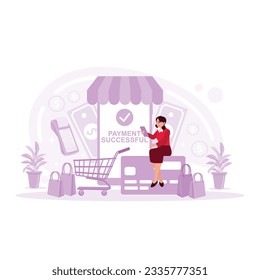 Women use smartphones, online payments, online banking, and shopping. Trend Modern vector flat illustration