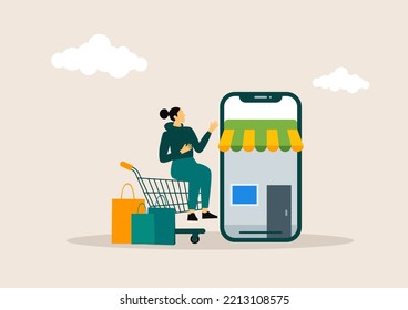 Women use smartphones in shopping carts to buy something, shopping online concept. vector illustration.