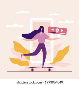 Women use wireless ear phones to listen to music and other knowledge. while doing various activities Except for the sport of skateboarding. Technology helps people. Vector flat illustration