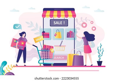 Women uses smartphones and chooses various things in online store. E-shop offers different goods, sales, discounts. E-commerce, marketplace application. App for shopping on screen. Vector illustration