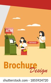 Women using ATM and keeping distance. Money, quarantine, mask flat vector illustration. Finance and pandemic concept for banner, website design or landing web page