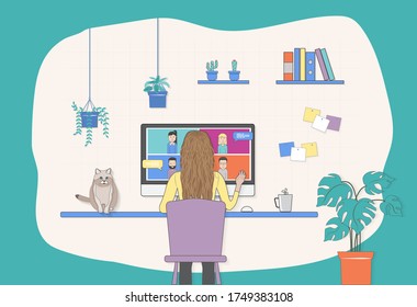 Women using computer for talk to each other on the computer screen and group video conference.Vector illustration for videoconference, remote work, technology concept.