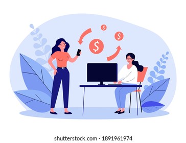 Women using digital devices for transferring money. Computer, smartphone, bank employee. Flat vector illustration. Transaction, payment, finance concept for banner, website design or landing web page