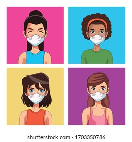 mujeres que usan máscaras faciales caracteres de diseño de ilustración vectorial