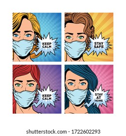 women using face masks for covid19 saying messages vector illustration design