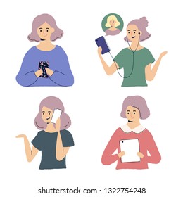 Women using gadgets - smartphone and tablets  illustrations