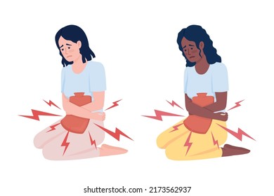 Women Using Heating Pad For Cramps Semi Flat Color Vector Character Set. Editable Figures. Full Body People On White. Simple Cartoon Style Illustration Collection For Web Graphic Design And Animation