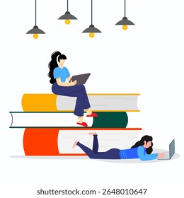 A women using laptop with big icon stack of book. Online books to read concept.