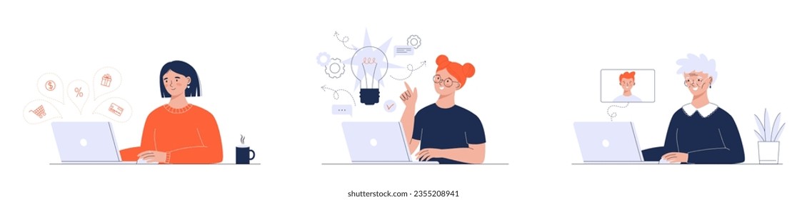 Women using laptop for different purpuses. A woman shopping online. A girl finding creative idea. A woman speaking via video call. Vector illustration
