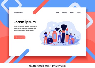 Women using makeup tools and testing cosmetics in beautician parlor. Vector illustration for makeup workshop, beauty care products, beauty salon concept