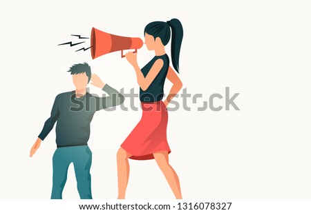 A women using a megaphone with a man in the background not recieving the message. People vector illustration.
