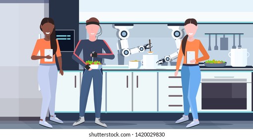women using mobile app controlling man humanoid with wires electrodes indicators smart handy chef robot preparing food robotic assistant concept modern kitchen interior flat horizontal