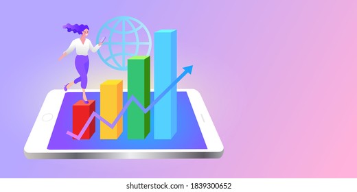 Women Using Mobile Apps for Online Banking and Growing Business, Flat Cartoon Vector Illustration.