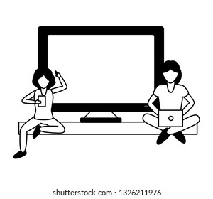 women using mobile and laptop tech