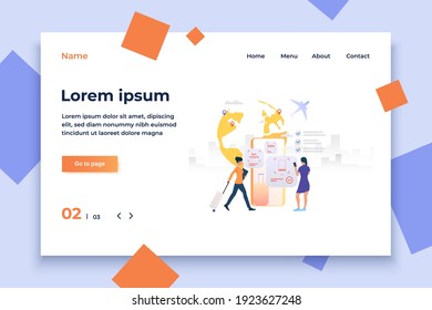 Women using mobile phone and booking flight ticket. Tourist, passenger, luggage. Booking online concept. Vector illustration can be used for topics like mobile app, holiday, travel