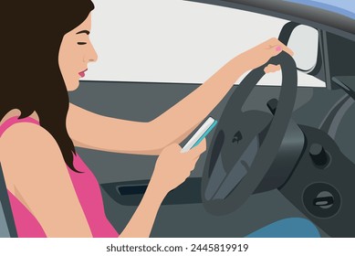 women using mobile phone while driving. driving bad habit vector illustration.