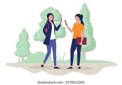 Women using mobile phones online outdoors - Two people standing in park or forest looking at device screen, surfing internet and and communicating. Flat design vector illustration on white background