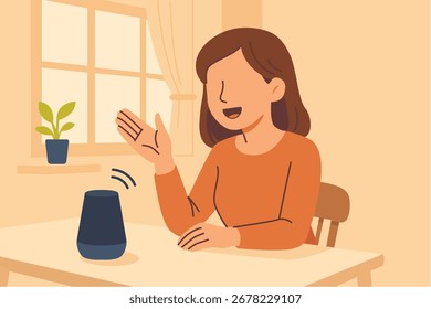 A women using smart AI device in kitchen or classroom.