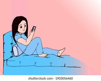  Frauen, die Smartphone verwenden, während sie zu Hause über das Internet im Bett arbeiten, Vektorgrafik  