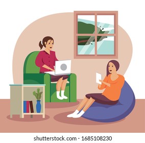 women using technology for work at home vector illustration design