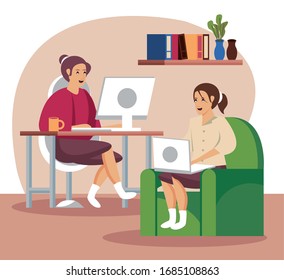 mujeres que utilizan la tecnología para trabajar en el diseño de ilustraciones de vectores domésticos