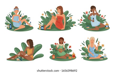 Women Using and Testing Natural Organic Cosmetic Products with Botanical Leaves Behind Vector Illustrations Set