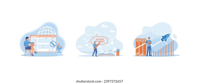 Women using web window search info on the laptop screen and creating web design and development charts on the whiteboard. Entrepreneurs use SEO to promote ranking traffic on websites. Web design conce