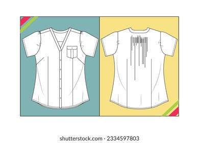 WOMEN V NECK SHIRT SKETCH PATTERN FASHION TEMPLATE TECHNICAL DRAWING ILLUSTRATION