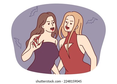 Women vampires with sharp claws and traces of blood near mouth stand among scary flying mice..Girl friends in evening dresses with fangs like zombies as Halloween decorations. Flat vector design 