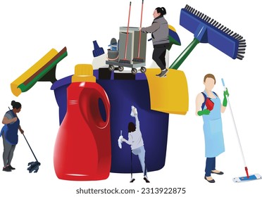 women of various aethnicities assigned to cleaning with various equipment-