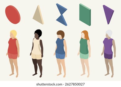 Women with various ages and races showing different body shapes. Female body types: apple, pear, triangle, rectangle, sand molds. Vector isometric illustration.
