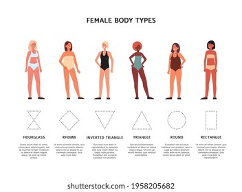 Women of various body figures similar to geometric shapes, flat vector illustration isolated on white background. Female body shapes with inscriptions.