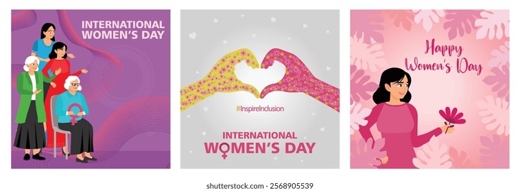 Women from various countries gather together. International Women's Day Campaign. Concept of feminism, women's empowerment, gender equality. Women's Day concept. Set flat vector illustration.