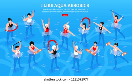 Women with various equipment during aqua aerobics class on blue background isometric horizontal vector illustration