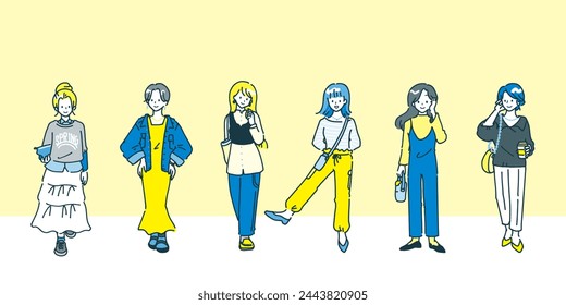 Women in various fashions pose against a yellow background.