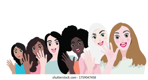 Women of various nationalities are raising their hands to greet on a white background. Cartoon style vector illustration.