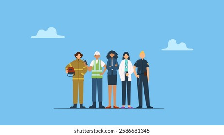 Women in various professions; businesswoman, women leader, doctor, police officer, firefighter, construction worker. International women's day, labor day concept.