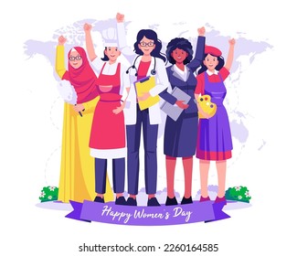 Women of various professions raised their hands. Struggling for freedom, independence, and equality. Women's Day concept illustration