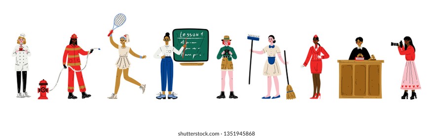 Women of Various Professions Set, Confectioner, Fireman, Tennis Player, Teacher, Scientist, Maid, Stewardess, Judge, Photographer Vector Illustration