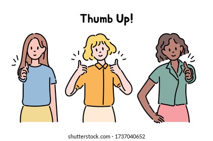 Women of various races are doing thumb ups. hand drawn style vector design illustrations. 