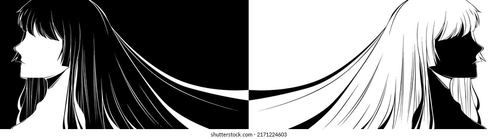 women vector black and white,long hair,Japan style,Hime cut hair style,high contrast .
