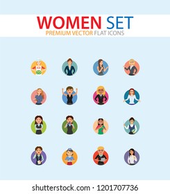 Women vector icon set. Doctor, excited, drinking, in glasses, Indian. Characters concept. Can be used for topics like occupation, race, activity, look, emotion